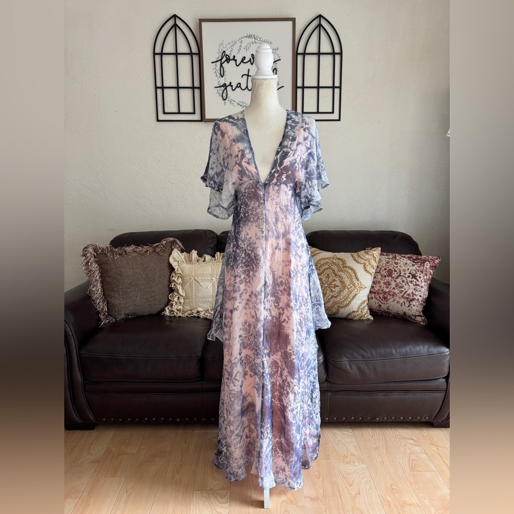 FOXIEDOX Purple Tie Dye Maxi Asymmetrical Dress Flowing Cap Sleeves Size S Boho - Picture 10 of 12
